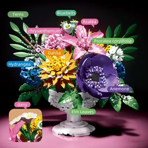 Desktop Flower Block Bouquet Set(1081pcs） Pieces with Vase,building blocks， Pieces with Vase, Exquisite Floral Model Kit, Home Decor,Gift for Holidays, Moc Blocks Set