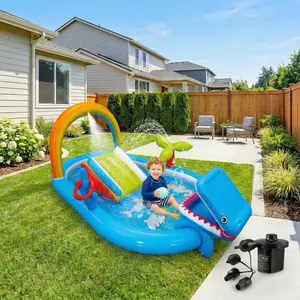 AKEYDIY Toddler Inflatable Water Park with Air Pump, Heavy-Duty Safe Thick PVC Ocean Theme Pool with Rainbow, Shark, Slide, Ring Toss & Ball Toss Game, Indoor Outdoor Summer Backyard Water Play Fun for Kids and Toddlers, mothersdaygift