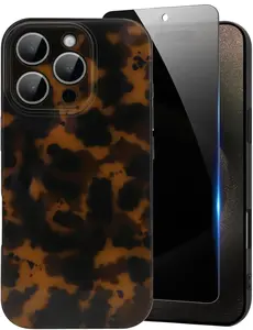 Cute Phone Case for iPhone 15 Pro Case with Privacy Screen Protector, Amber Pattern Leopard Full Camera Protective Slim Shockproof Cool Trendy Aesthetic-Brown Tortoise Shell