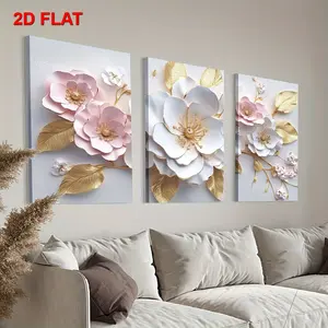 3-Piece Floral Abstract Print Wall Art Set with Gold Accents - Glossy, Waterproof Home Decor Products, Triple Panels Home Decoration for Kitchen, Living Room, Valentine's Day Gift