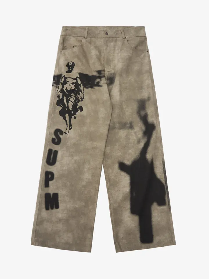 Thesupermade Large Cross Angel Print Distressed Jeans | Muscular Figure Vertical Lettering Wide-Leg Streetwear Denim Men