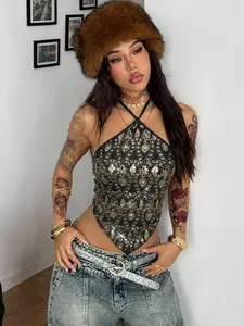 Sparkle Cross Backless Sleeveless Sequin Short Top, Halter Neck, Sexy Girl Style, Eye-Catching and Unique, Perfect for Cool Party, Light Social Events, Daily