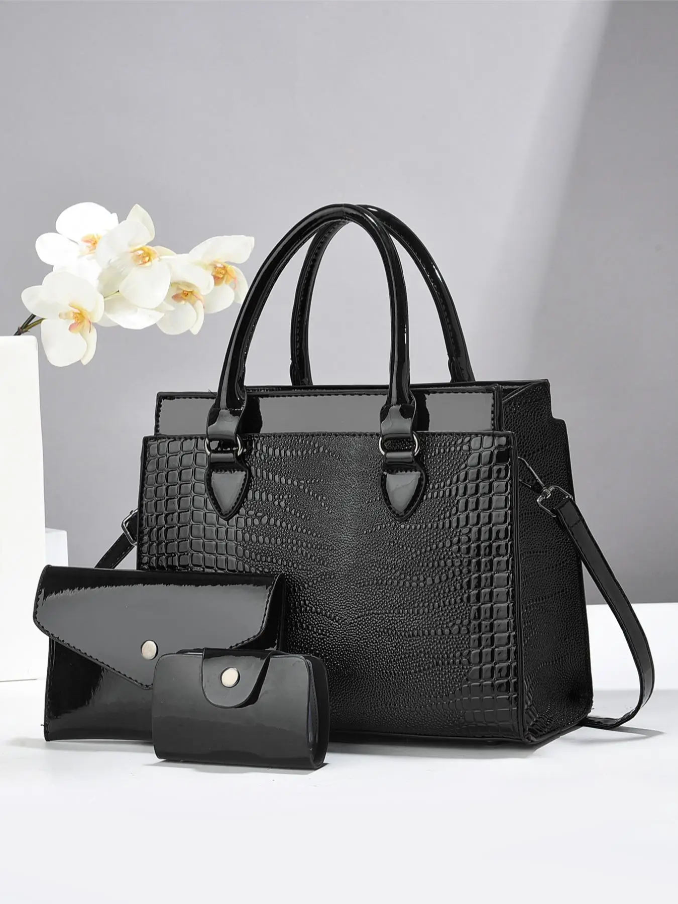 Women's Fashion Crocodile Embossed Handbag Set, Casual Versatile Shoulder Bag with Small Wallet & Coin Purse, Trendy All-match Crossbody Bag for Daily