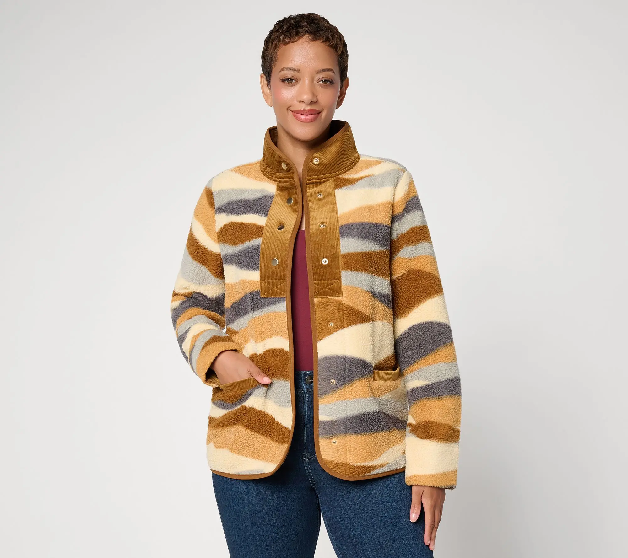 Susan Graver Printed Sherpa Snap Front Jacket w/ Details
