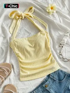 Women's Solid Boho Sleeveless Halter Top, Casual Chic Sleeveless Spaghetti Minimalist Sleeveless Top for Summer, Ladies Clothes for Daily Wear