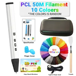 3D Low Temperature Printing Pen Set, Aluminum Alloy Case + Pcl 5m 10 Colors Consumables + Small Scoop + Art Book + Silicone Finger Covers