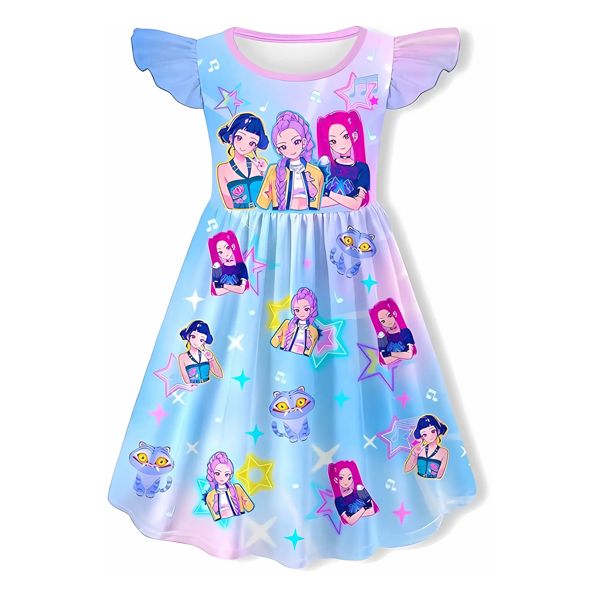 KPop Demon Hunters Girls K-Pop Demon Hunter Huntrix Role Little Short Sleeve Dresses Casual Rumi, Mira, and Zoey Dress Outfits for Kids 3-14 Years