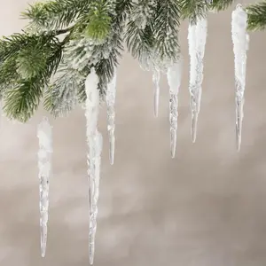 Cinnvoice 24 Pcs Acrylic Icicle Christmas Tree Ornaments 5 Inches Clear Icicles with Fake Snow Hanging Winter Fairy Decorations for Christmas Tree Decorations Xmas Outside Yard Porch Home Decor