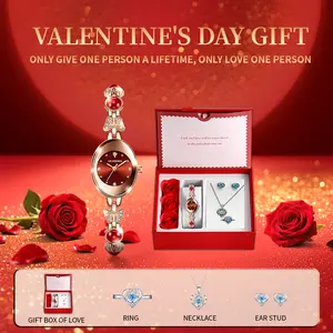 Valentine’s Day Gift Set: Veadons women’s jewelry bracelet watch that works as both a watch and a bracelet. Water-resistant and adjustable. Includes a ring, earrings, necklace, and rose-themed gift box—perfect for Valentine’s Day.
