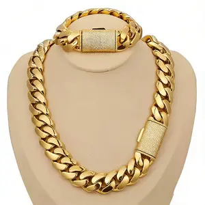 18K Gold Plated Cuban Chain Set – Waterproof, No Tarnish, Iced Lock Clasp Necklace & Bracelet, 8–22mm Width, Chains 16–30", Bracelets 7.5/8.5