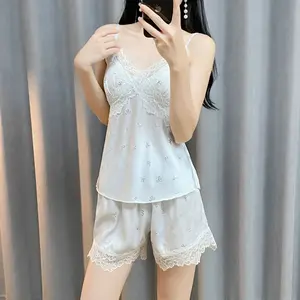 Sexy women's ice silk pajamas for spring and summer, thin silk camisole and shorts set with printed bow and lace home wear