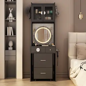 Small Vanity Desk with Mirror and LED Lights, Makeup Table with Charging Station and drawers and Storage Shelves for Small Space, Compact Mini Corner Vanity Set with Hidden Storage Stool for Bedroom