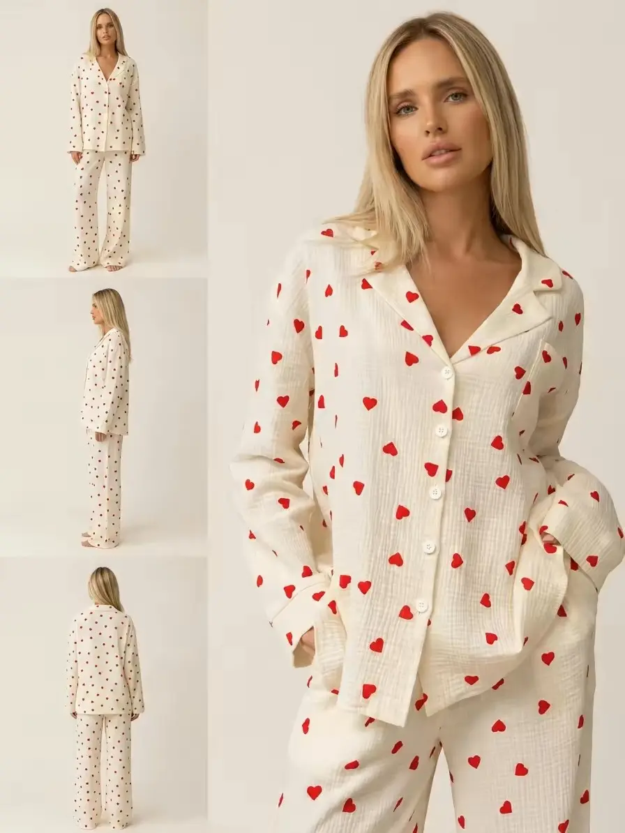 Women Heart Print 2 Piece Cotton Pajama Set, Crinkled Look Loungewear, Button Down Long Sleeve Shirt & Wide Leg Pants, Casual Sleepwear With Pockets