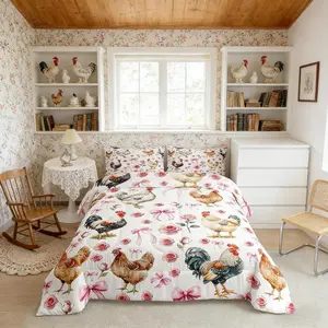 Rustic Chicken Comforter Set,Pink Bowknot Roses Flowers Princess Style Bedding Set for Kids Teens,Farmhouse Animal Rooster Floral Down Comforter