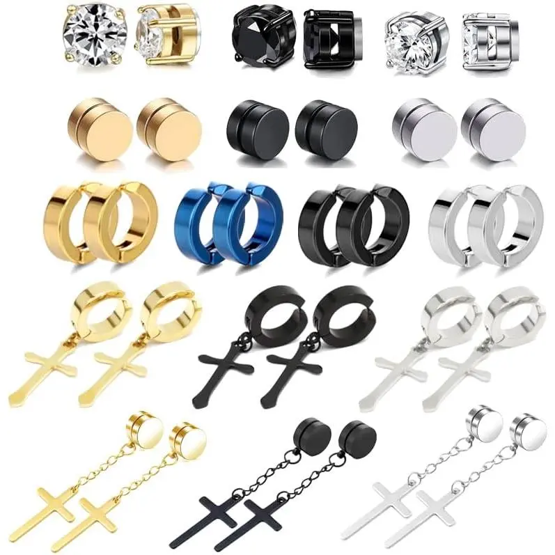 16-Pair Unisex Stud Jewelry Set - 316L Stainless Steel Hypoallergenic Earrings with CZ Stones, Clip-On Non-Pierced, Cross Dangle & Hoop Options in Gold, Black, Blue, Silver (Men's Earrings Included)