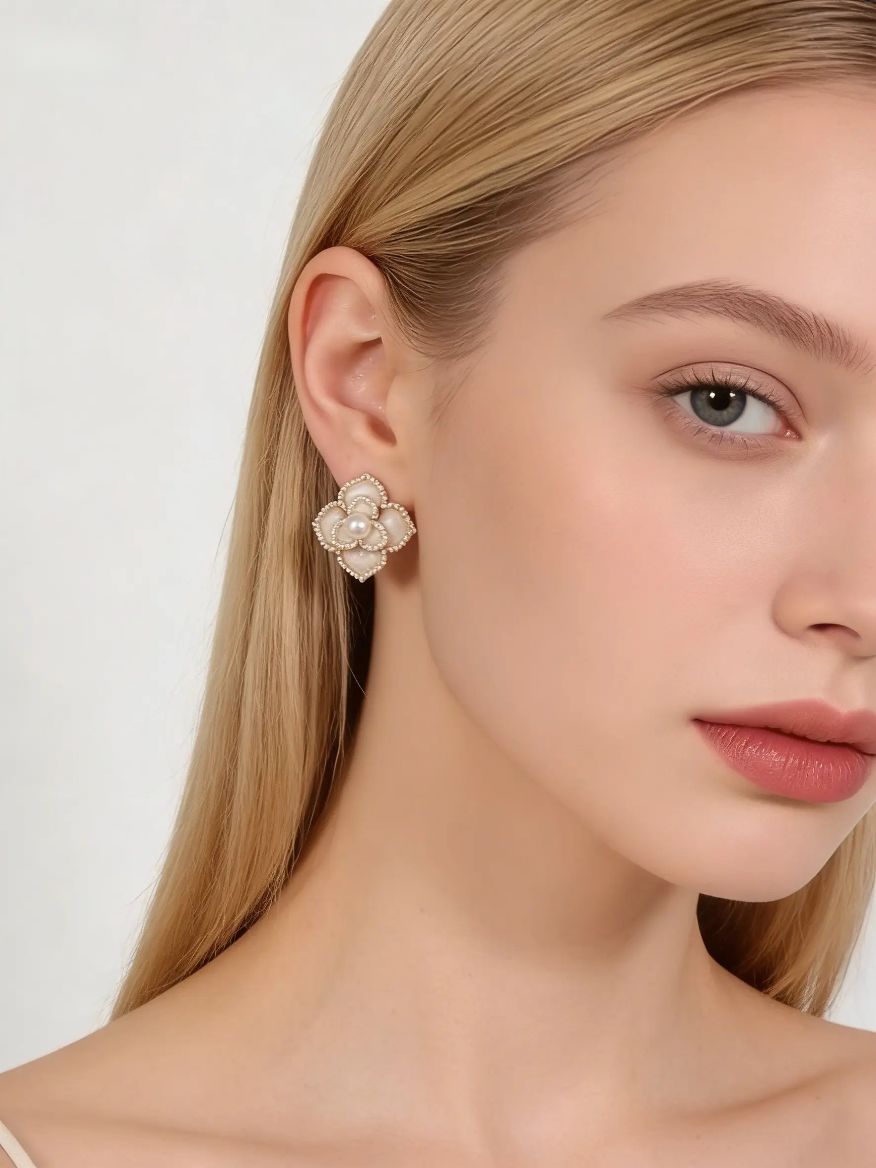 French Vintage Camellia Pearl Earrings for Women, 18k Gold Plated Elegant Camellia Studs, Luxury Wedding & Daily Wear Jewelry