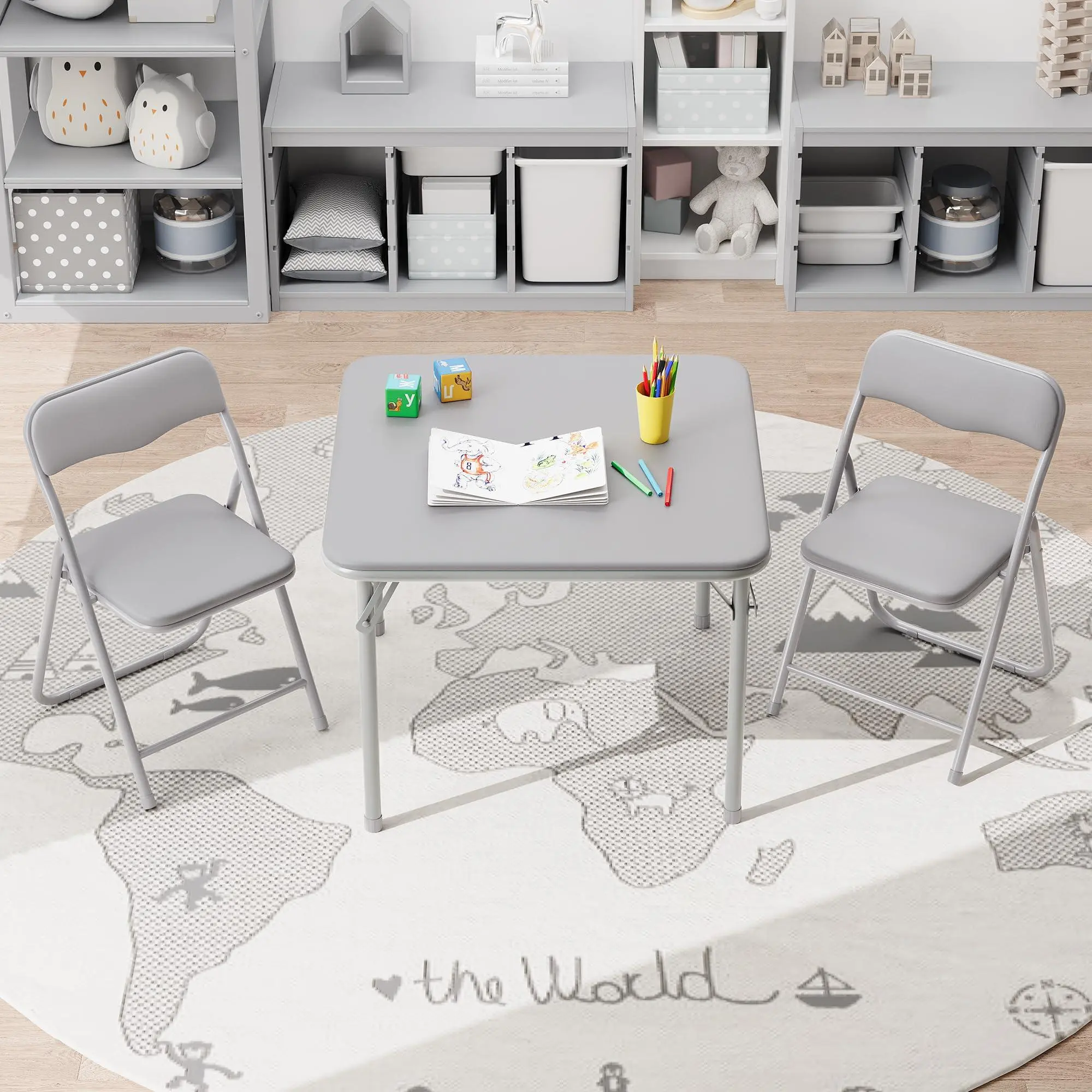Indoor 3-Piece Gray Square Card Table Furniture Set with Portable PU Cushion, Without Arms Foldable Chairs, Space-Saver Solution