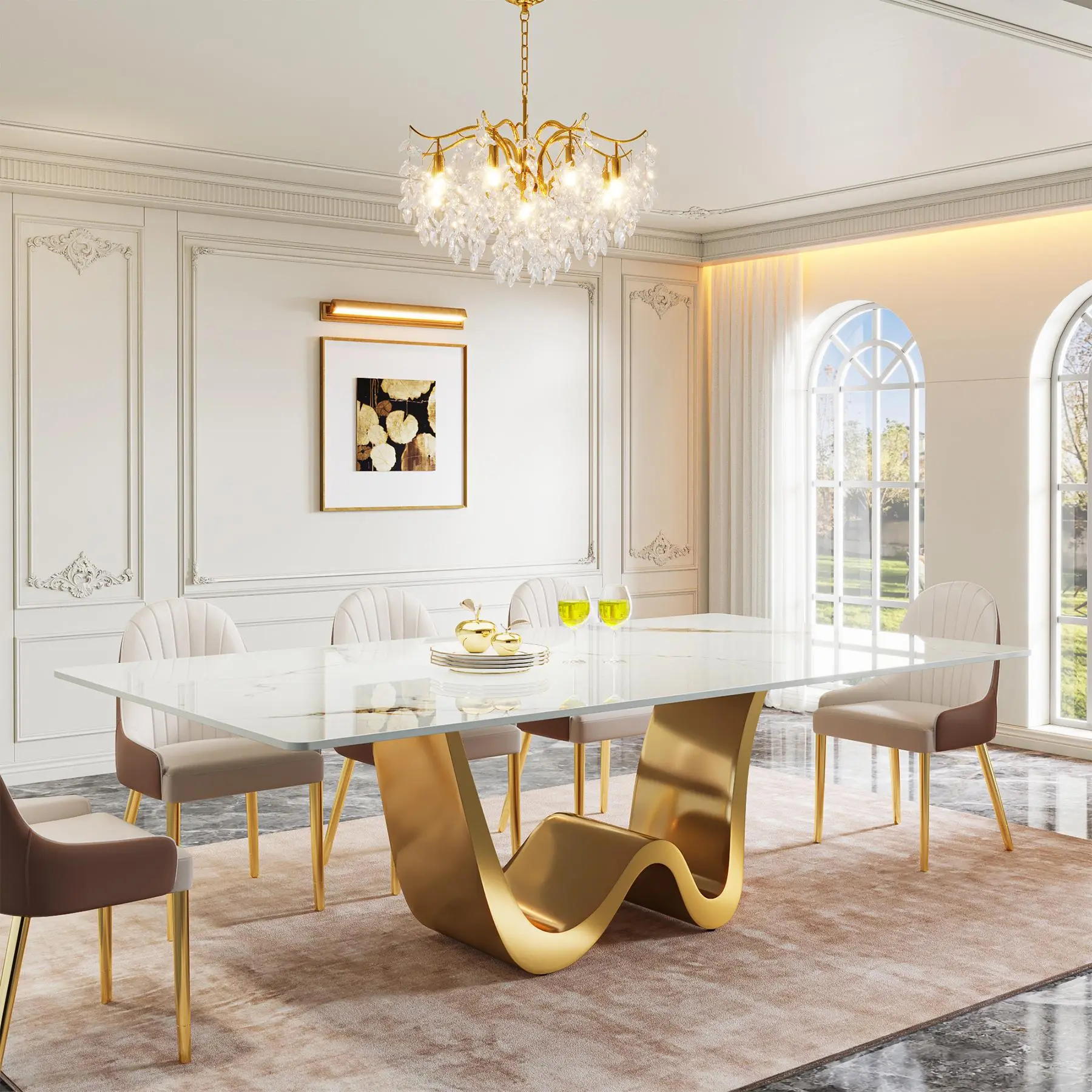 TRIBEWOOD 78.74" Rectangular Sintered Stone Formal Dining Table, Luxury Modern Design for 6-8 People, W-Shaped Stainless Steel Base, White & Gold Finish, Easy Maintenance, Secure Packaging