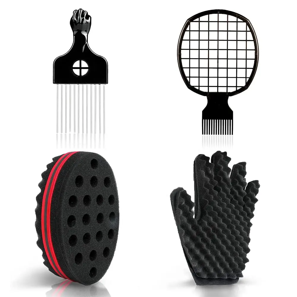 2-Sided Curl Sponge Kit, 4-Piece Set for Adults with Twist Comb, Hair Pick & Glove for Natural Twists & Curls, Ideal for Family Use, Curly Look, Two-Sided