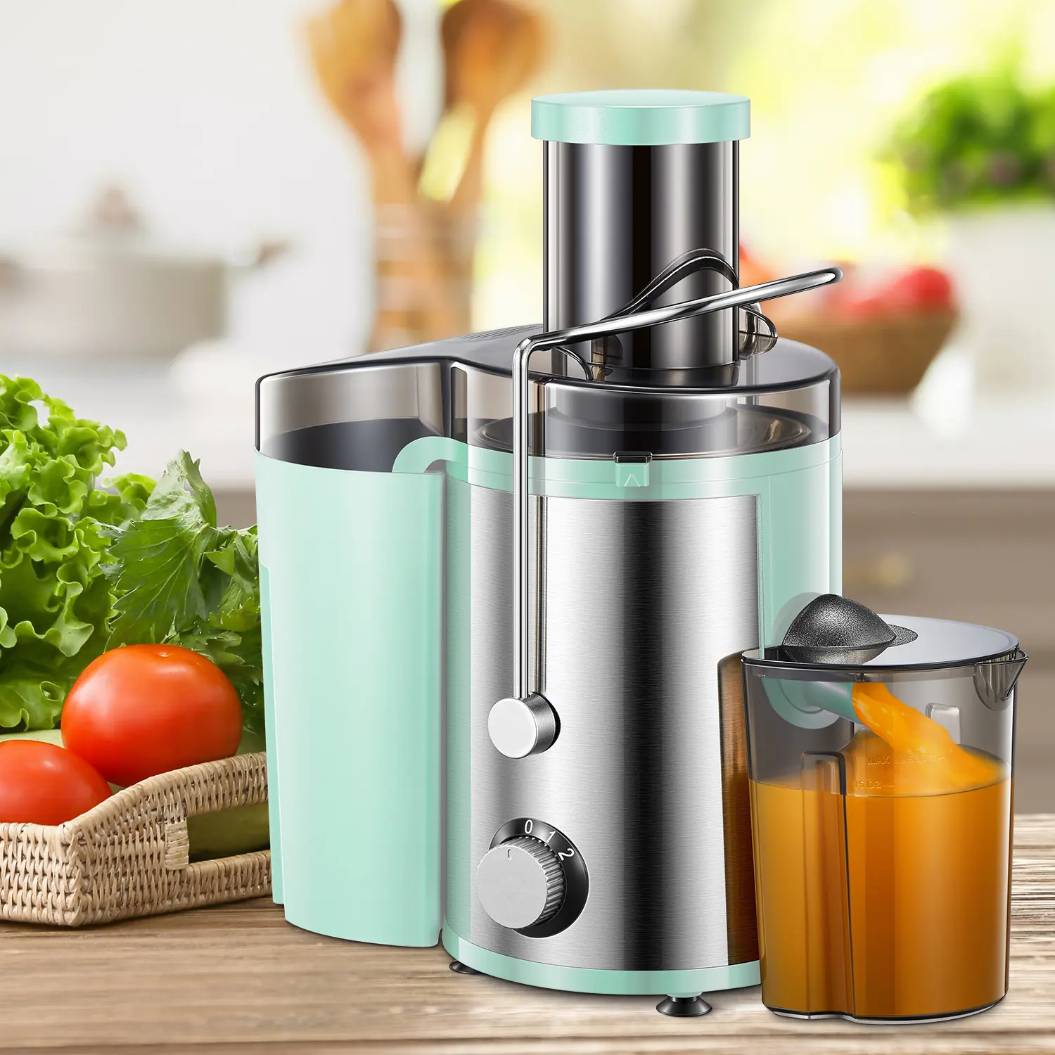 Qcen 800W Powerful Centrifugal Countertop Juicer Machine, 3” Wide Mouth Feed Chute for Fruits & Vegetables, Easy to Clean Stainless Steel BPA-Free Juicer Extractor, Powerful Juicer Machine