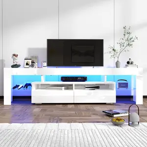 70in LED TV Stand for 75/80 inch TV, High Glossy Modern Entertainment Center with Drawer and Open Shelf, Television Table Center Media Console for Living Room, White/Black