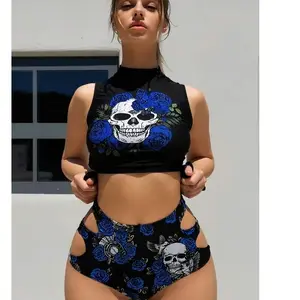 Skull & Rose Bikini - Women's Two Piece Swimsuit with Cutout High Waist Design - Sexy Floral Skull Print - Blue, Small - Quick-Drying Fabric, Adjustable Straps, Sizes S to XXL