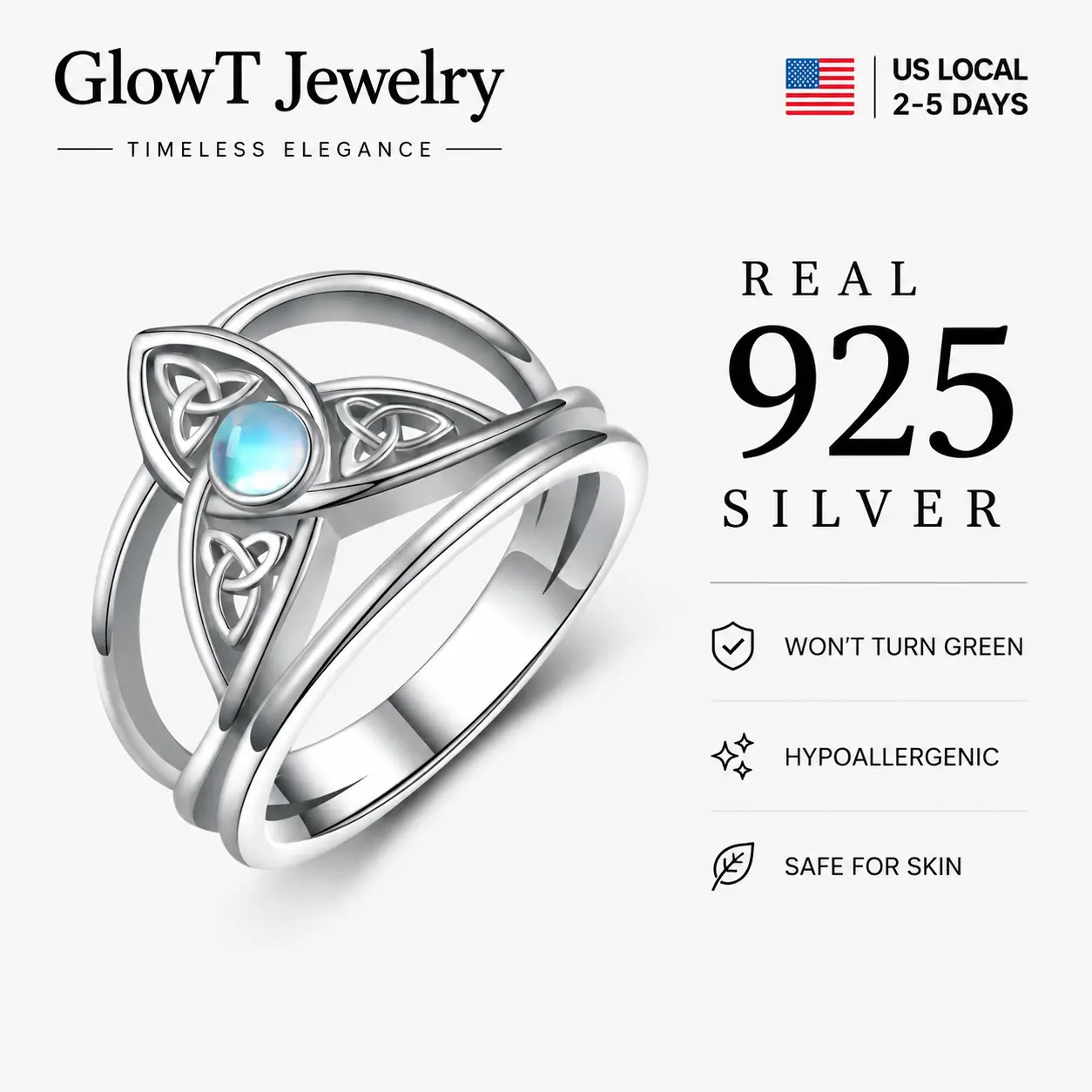 S925 Sterling Silver Triquetra Moonstone Ring - Vintage Celtic Trinity Knot Triple Band with Round Moonstone, Nickel-Free Tarnish-Resistant Silver Ring, Comfort Fit for Women, Ideal for Wiccan & Occult Wear