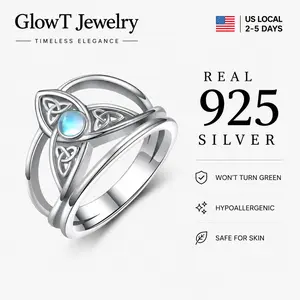 S925 Sterling Silver Triquetra Moonstone Ring - Vintage Celtic Trinity Knot Triple Band with Round Moonstone, Nickel-Free Tarnish-Resistant Silver Ring, Comfort Fit for Women, Ideal for Wiccan & Occult Wear
