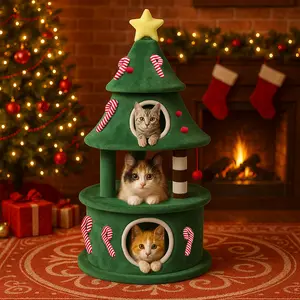 COMHOMA 55" Christmas Cat Tree with 3 Cozy Houses Indoor Holiday Pet Tower with Anti-Tip Kit and Toy Balls,Decoration Climbing Furniture for Cats to Play and Sleep
