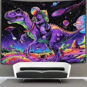 1pc Polyester UV-Reactive Astronauts-Riding-Dinosaurs Black Light Tapestry, Multicolor Print Rectangular Home Decor Hanging Cloth, Machine Washable Room Accessories, Holiday Gift with Free Accessory