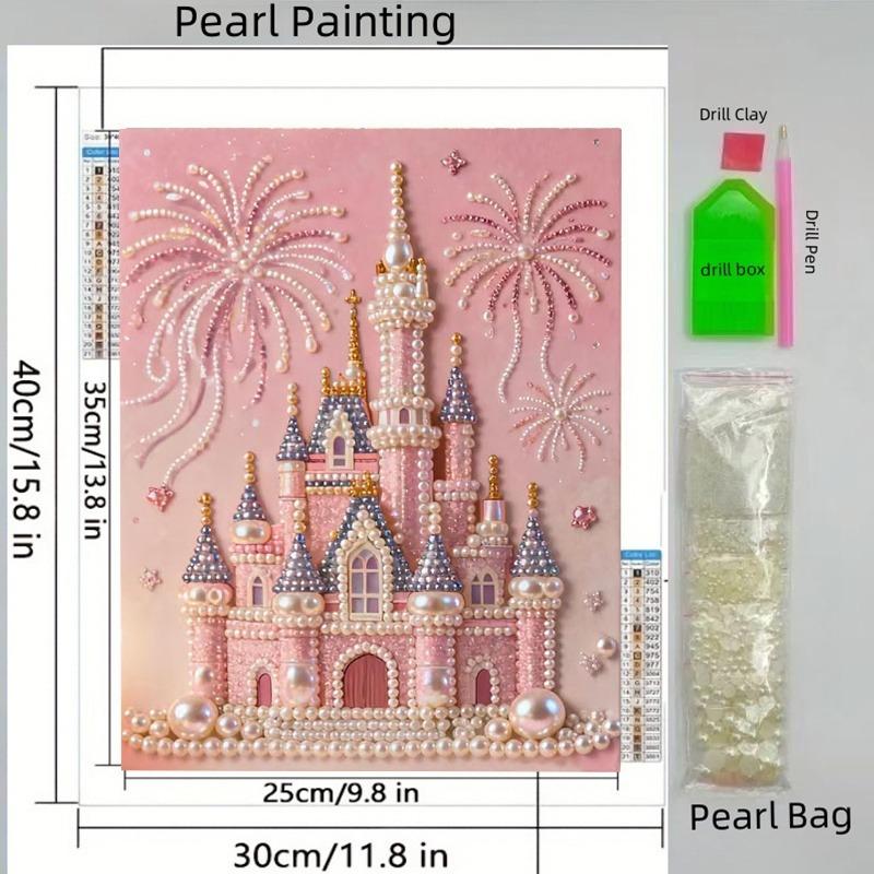 2026 New Pearl Painting: Pink Pearl Fairy Tale Castle Fireworks Glow Theme Frameless Canvas Art Print DIY Decorative Painting Ideal for bedroom decor, living room wall art, room accents, and artwork Perfect as Christmas, New Year, or Valentine's Day gifts