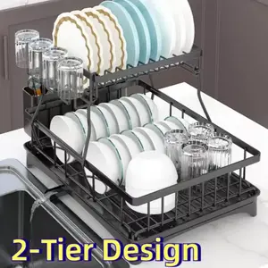 Dish Drying Rack 2 Tier Large Dish Drying Rack Kitchen Counter Drainboard Knifes/Cup/Cutting Board Rack