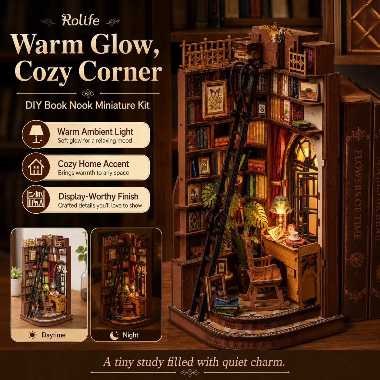 【Rolife】DIY Book Nook Shelf Insert, Silent Corner Study-Themed Craft Kit for Stress Relief (Classic & Novelty Toy) rubber band ball glitter