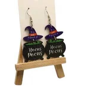 Wooden Halloween Earrings with Retro Design Hocus Pocus Witch Hat & Cauldron Hook Earrings for Spooky Halloween Outfit Lightweight Comfortable Durable