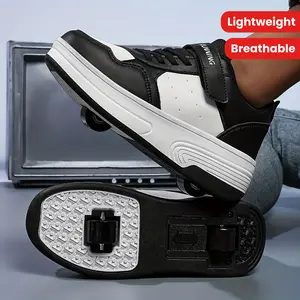 [shipping from US]Kids Skate Shoes, Unisex Sports Sneakers with 4-Wheels, Lightweight, Low-Top, PU Leather, Breathable Fabric Lining, TPR Sole, Striped Pattern, for Boys and Girls, Ideal for Skateboarding, Outdoor Activities, Birthday & Christmas Gifts