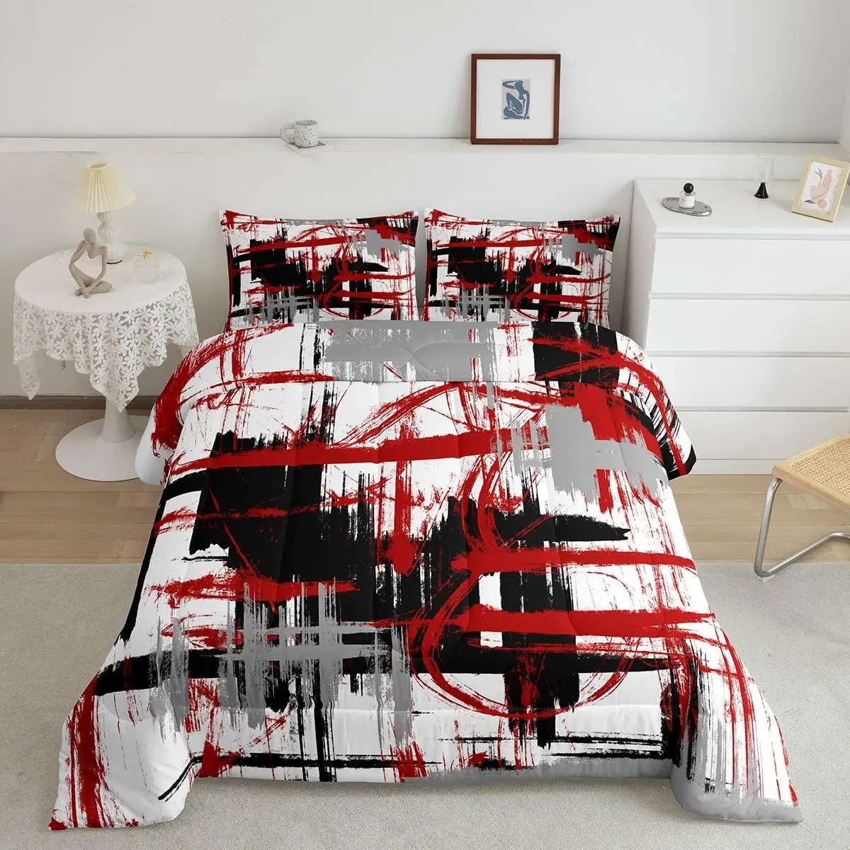 Twin Size Decorative Microfiber Bedding Set - Red, Grey, Black Designer Abstract Art Modern Striped Geometric Comforter, Breathable Quilt, Duvet, Bedding Decor, Decorative Bedding Set