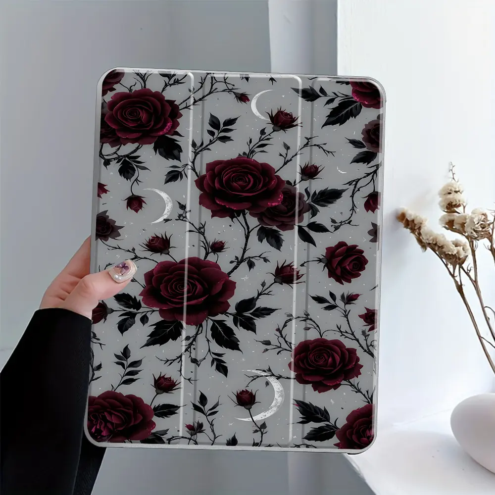 Gothic Rose Moon iPad Case, iPad Accessories, Durable casing, Transparent Acrylic Hard Back Panel With Pencil Slot, Suitable for Ipad mini pro, Scratch-resistant, Shock-resistant Full Cover Protective Case, Suitable for Offices Schools and Homes