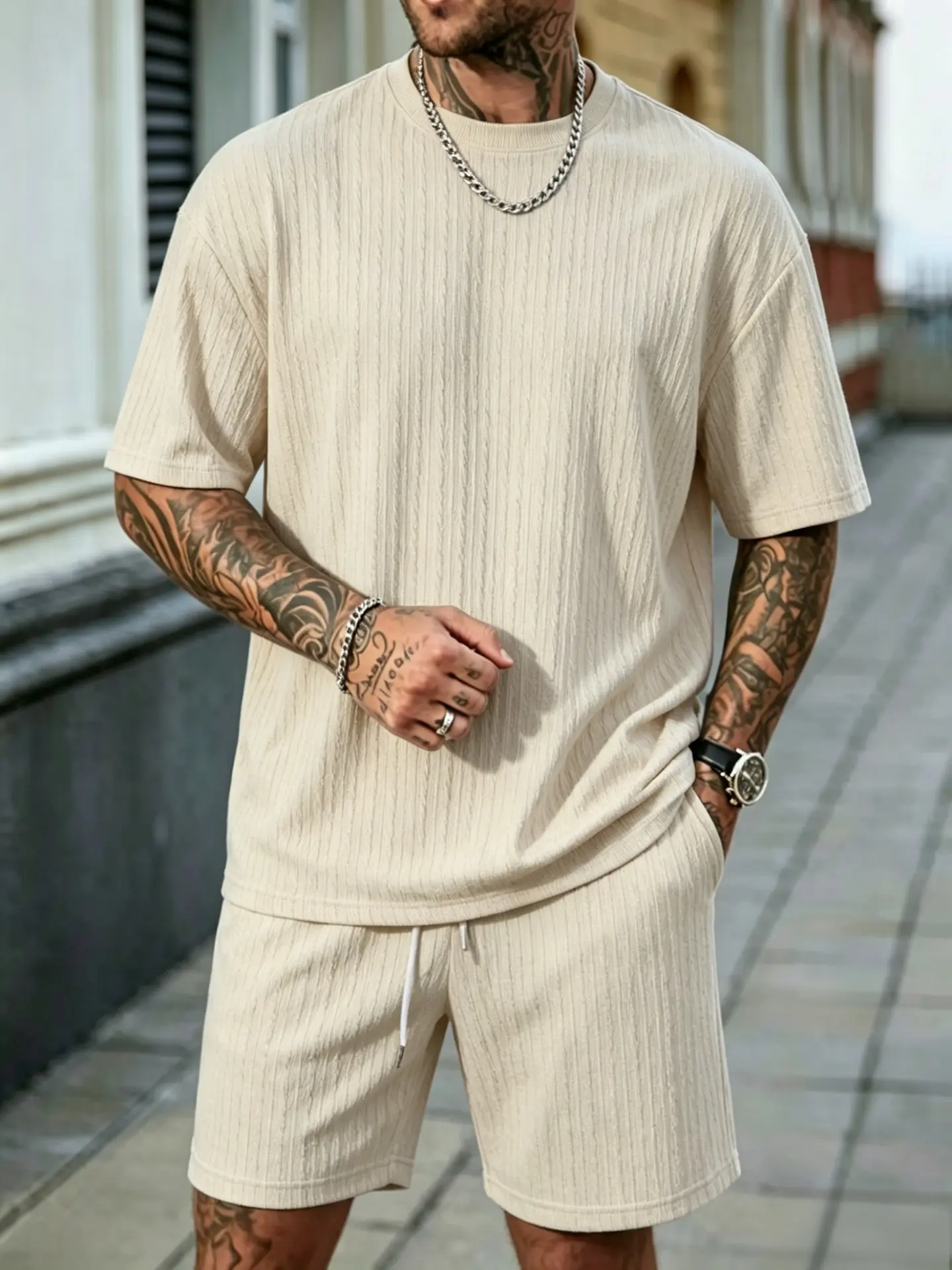 Men's Loose Fit 2-Piece Summer Set, Oversized Textured Knit Tee with Relaxed Fit Drawstring Shorts Menswear Menswear Stylish