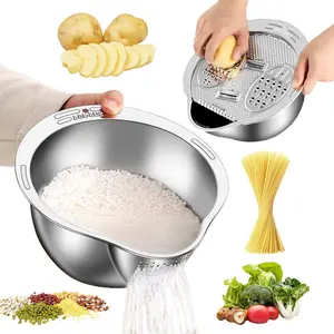 304 Stainless Steel Washing Basin Strainer with Vegetable Fruit Cutting Board Multifunctional Cutter Slicer Multipurpose Stainless Steel Rice Colander with Side Drainer for Cleaning Quinoa, Fruits, Vegetables, Beans