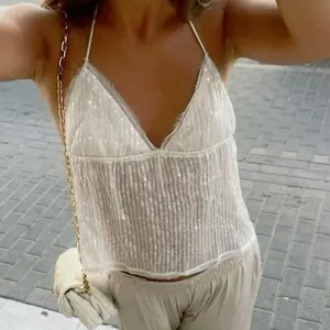 Women Tank Tops Sequins V-Neck Tie-Up Halter Neck Casual Vests Summer Sleeveless Tops Streetwear