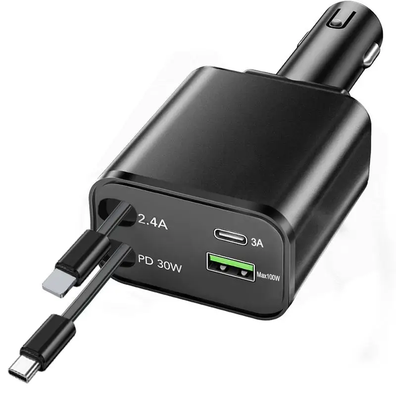 4 in 1 Car Retractable Charger for Smartphone, PD30W Fast Charging USB Port Charger Adapter with Automatic Retractable Cable, Multifunctional Car Char
