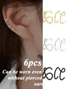 6pcs Non-Piercing Stainless Steel C-Shaped Clip-On Earrings, Minimalist Design, Hypoallergenic Jewelry for Sensitive Skin