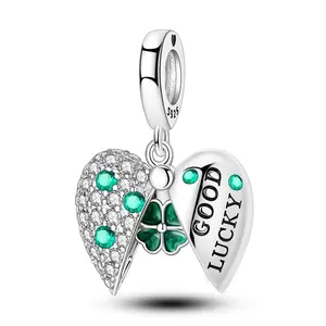MULA Lucky Four Leaf Clover Heart Pendant, S925 Silver-plated Material, with Green CZ and Magnetic Clasp - For Pandora Bracelet, for Women, Teens, Graduation, Birthday and New Year Gift