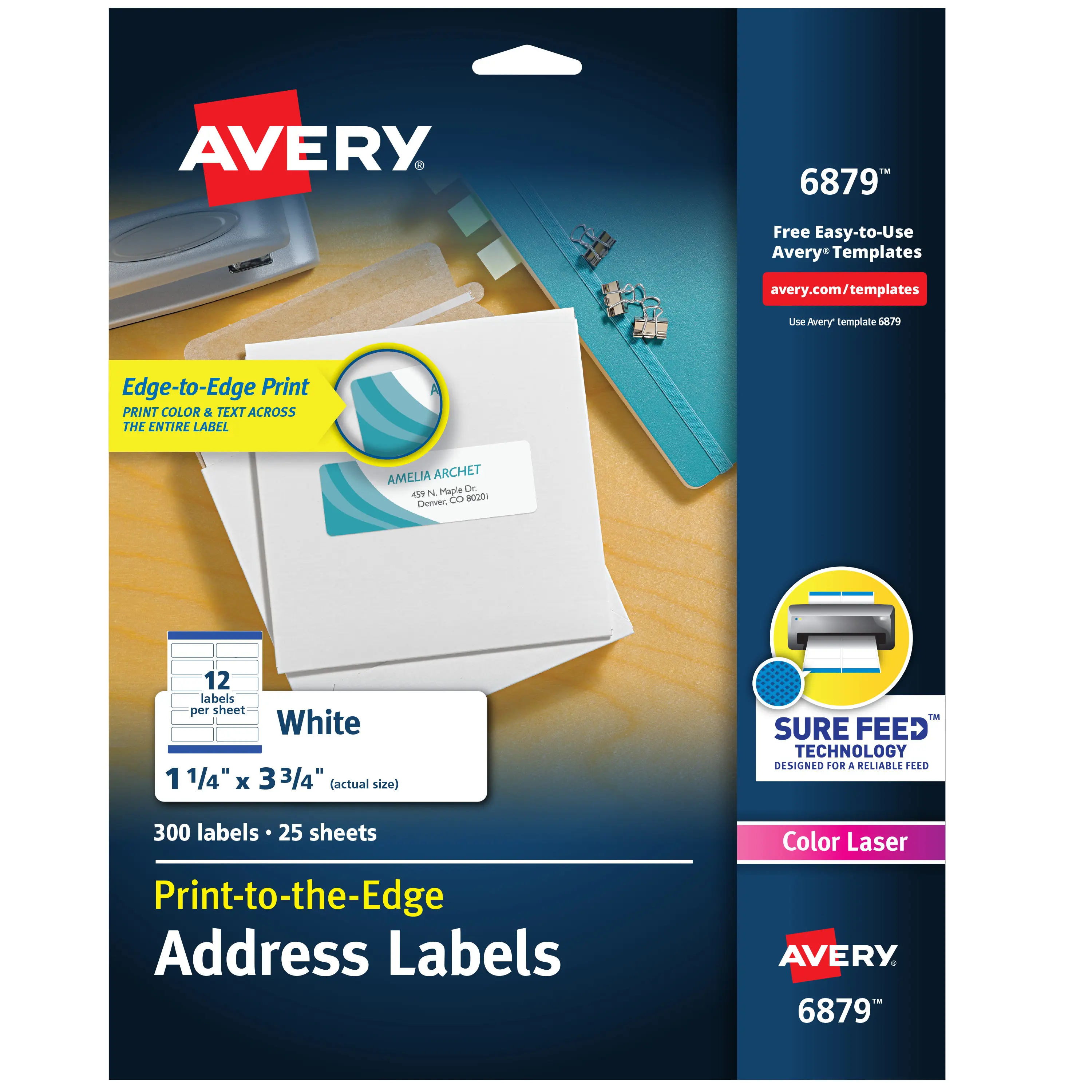 Avery Print-to-the-Edge Printable Address Labels, 1.25" x 3.75", Matte White, Sure Feed Technology, Laser & Inkjet Compatible, 300 Labels (6879)