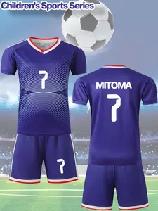 2 pieces of color-blocked jersey number 7 with MITOMA printed name, boys' short-sleeved football jersey V-neck T-shirt and shorts set, suitable as comfortable and well-fitting sportswear for boys.