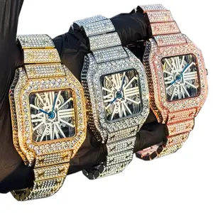 MEN'S FULLY ICED BAND LUXURY WATCH SIMULATED DIAMOND SKELECTON DIAL SQUARE BLING, REMOVABLE LINKS