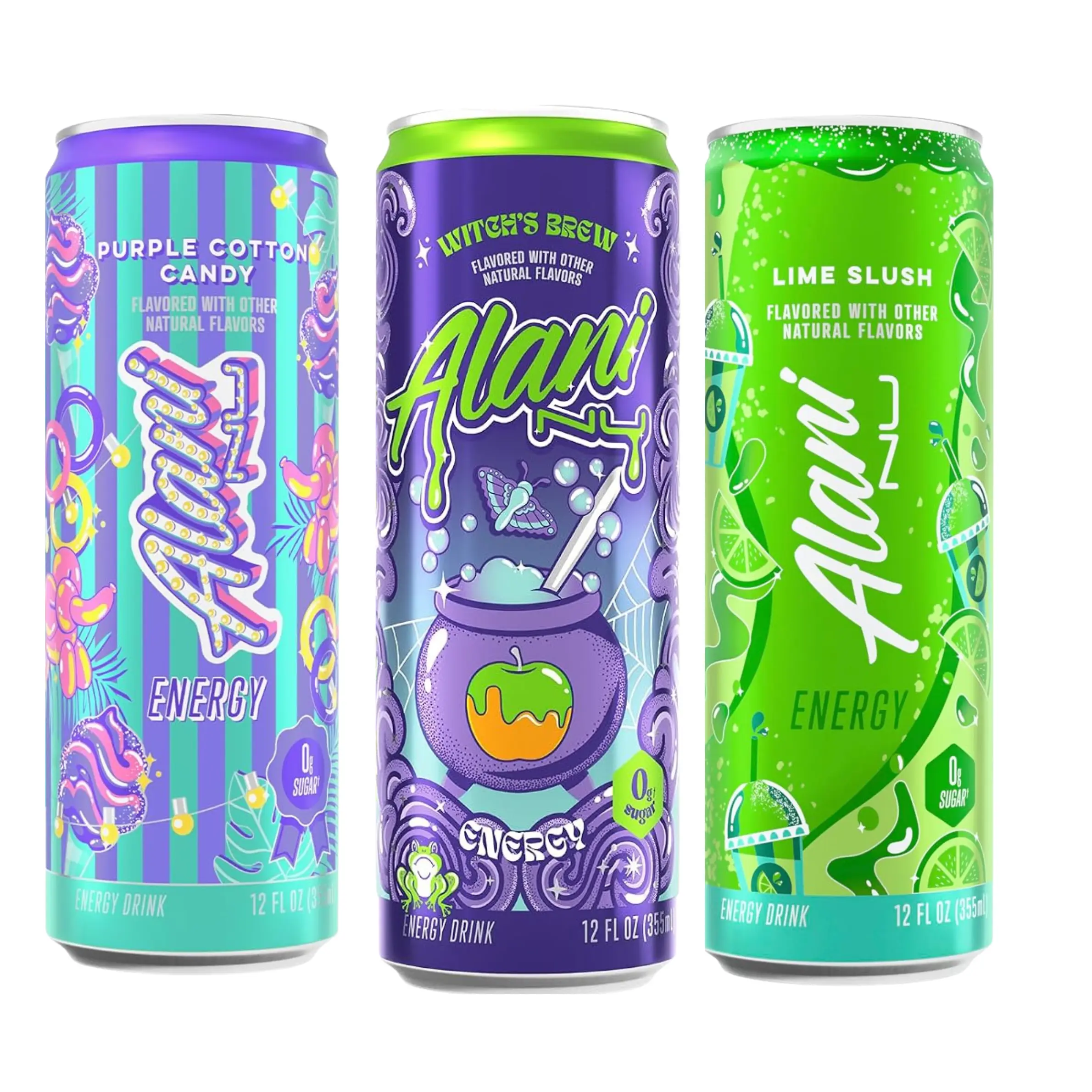 Alani Nu Variety Pack, 2 Witch's Brew, 2 Purple Cotton Candy, 2 Lime Slush (6 Cans)