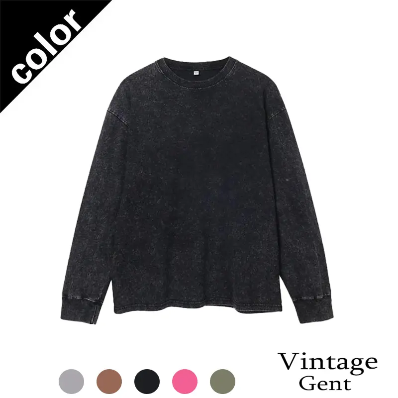 Vintage Washed Black Long Sleeve Crew Neck Sweatshirt Men Loose Oversized Basic Blank Pullover Casual Streetwear Sweat Top