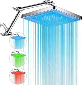 Pinwin Shower Head, 8'' LED Rain Shower Head with 16'' Adjustable Extension Arm, Rainfall Style Water Spray, LED Shower Head Water Temperature Controlled Color Changing,Chrome MeSun