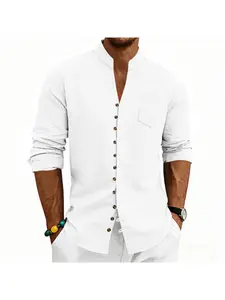 Men's Summer Loose New Chinese Style Casual Stand Collar Buttoned Beach Long-Sleeve Shirt